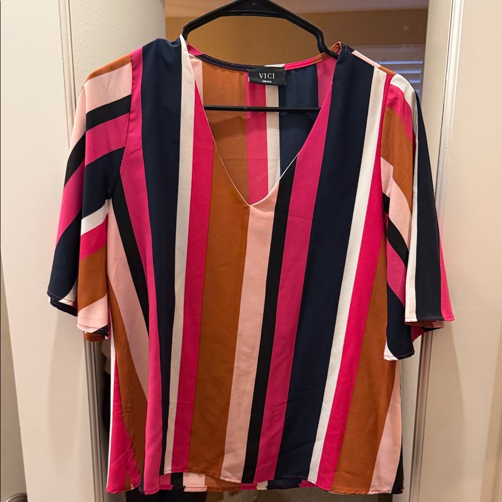 Vici Colorful Striped V-Neck Blouse
